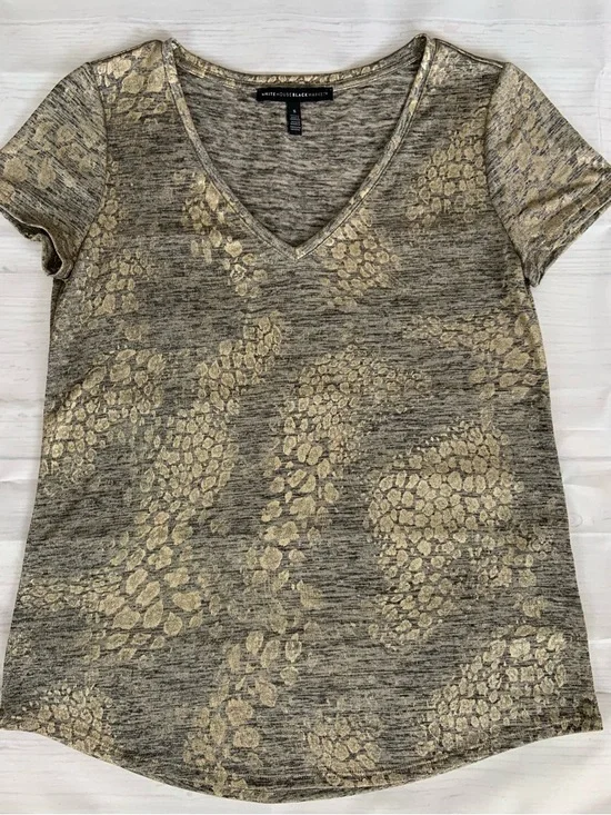 White House Black Market Metallic Gold, Black and Gray V-Neck Top - Picture 2 of 6